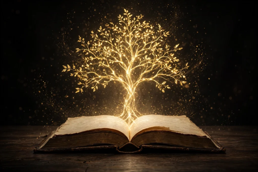 An open book on a dark desk with golden light rising from its pages forming a luminous tree of light, symbolizing knowledge compounding into wealth.