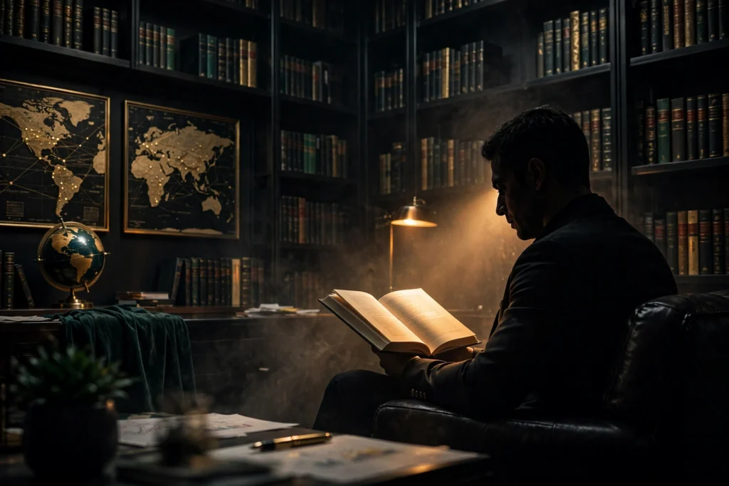 The entrepreneur reading in profile in a leather armchair inside a grand dark headquarters library with towering bookshelves, a brass globe and world maps, symbolizing self-education as a wealth habit.