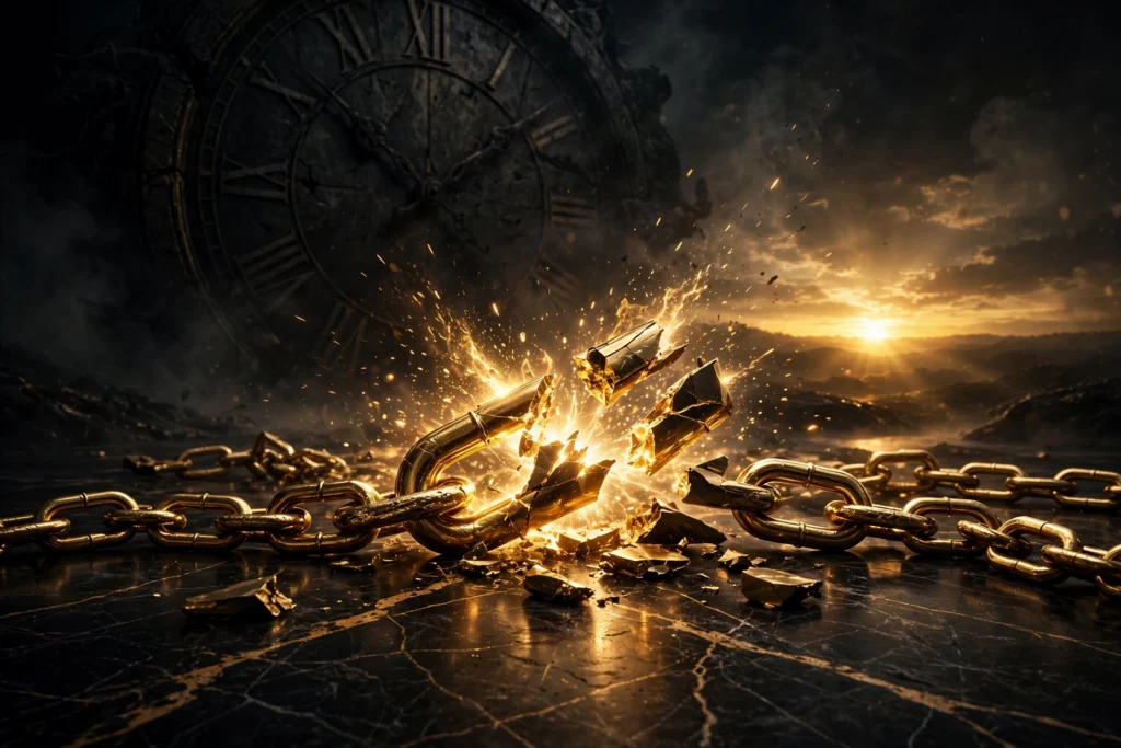 Broken golden chains on dark marble with light bursting from the break and a giant clock fading into shadows, symbolizing breaking free from trading time for money.