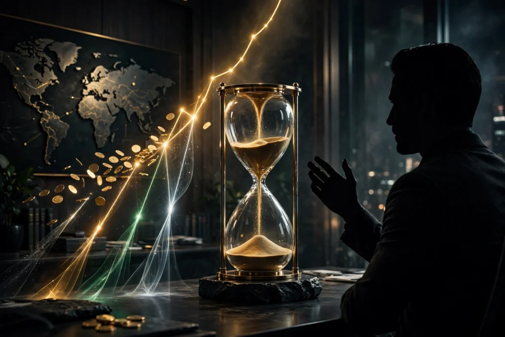The entrepreneur in profile observing a giant hourglass whose falling golden coins transform into a rising chart line in a dark office, symbolizing income decoupled from time.