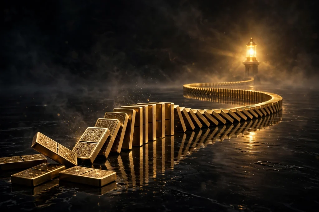 A row of golden dominoes toppling in sequence toward a glowing golden beacon, symbolizing systems producing results automatically without willpower.