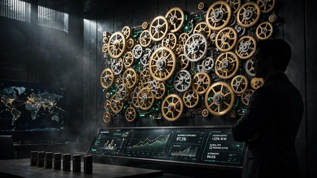 The entrepreneur in profile studying a wall of interlocking golden clockwork gears turning in perfect synchronization in a dark strategy room, symbolizing systems that run on autopilot.