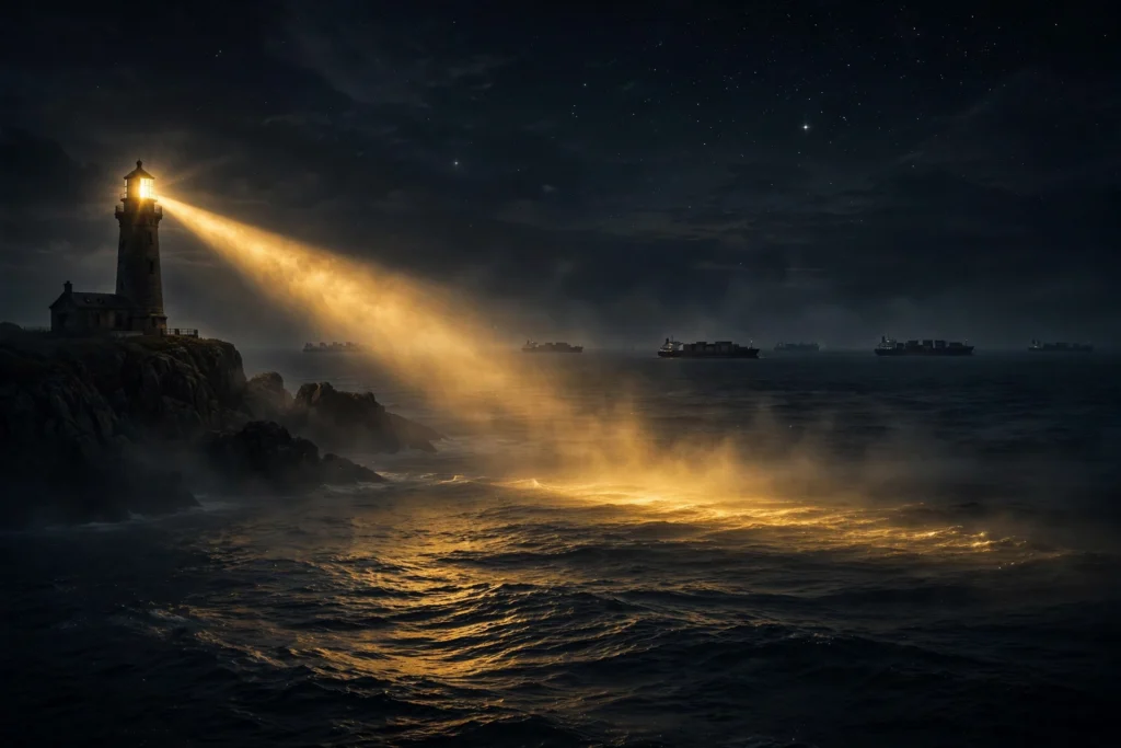 A golden lighthouse beam sweeping over a dark moonlit ocean with ships gliding silently, symbolizing money moving while you sleep