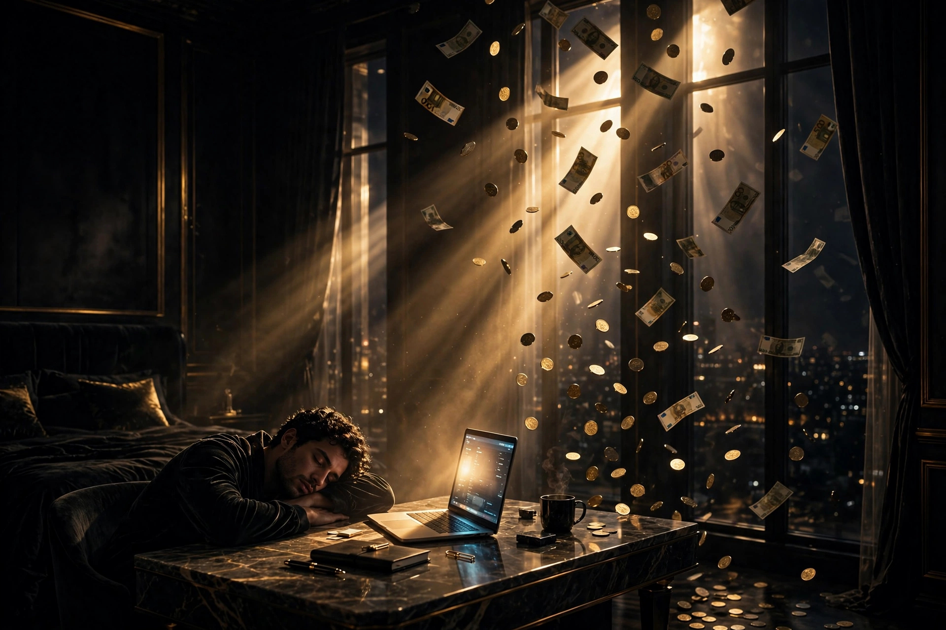 Golden light in a dark luxury bedroom with a glowing laptop and floating coins, symbolizing passive income systems earning money while you sleep