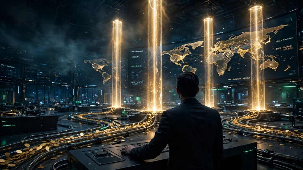 The entrepreneur seen from behind studying glowing dashboards in a night-time global headquarters, four golden pillars of light rising around him, symbolizing the building blocks of passive income systems.