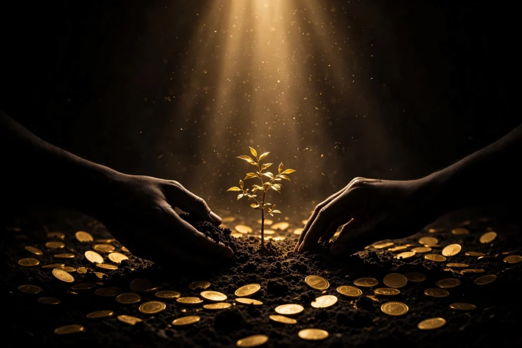 Silhouetted hands planting a golden sapling in dark soil under a beam of light with coins scattered like seeds, symbolizing buying assets that grow
