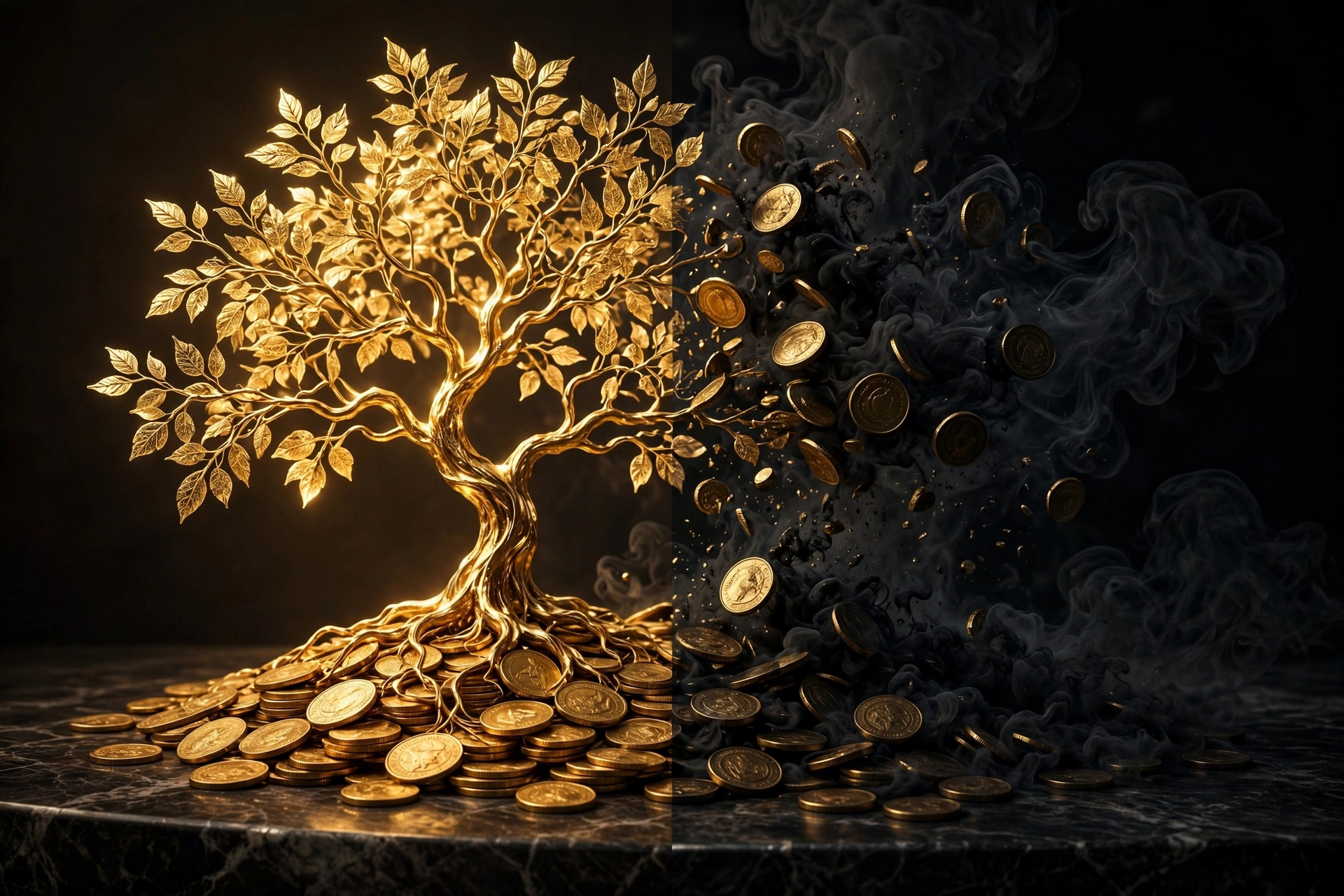 A split scene showing coins growing into a golden tree on one side and dissolving into smoke on the other, symbolizing assets vs liabilities