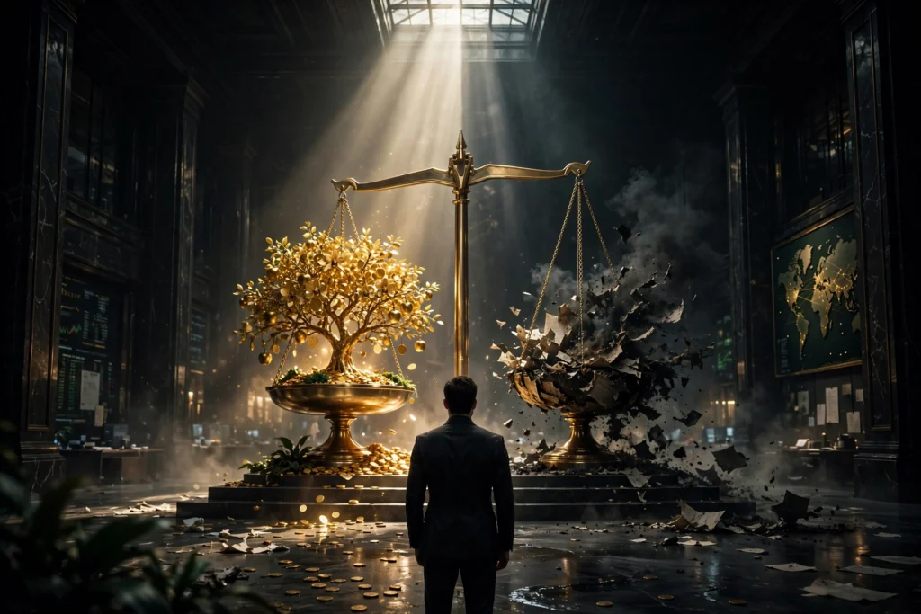 The entrepreneur from behind before a monumental golden balance scale, a glowing asset tree on one side and liabilities dissolving into smoke on the other.
