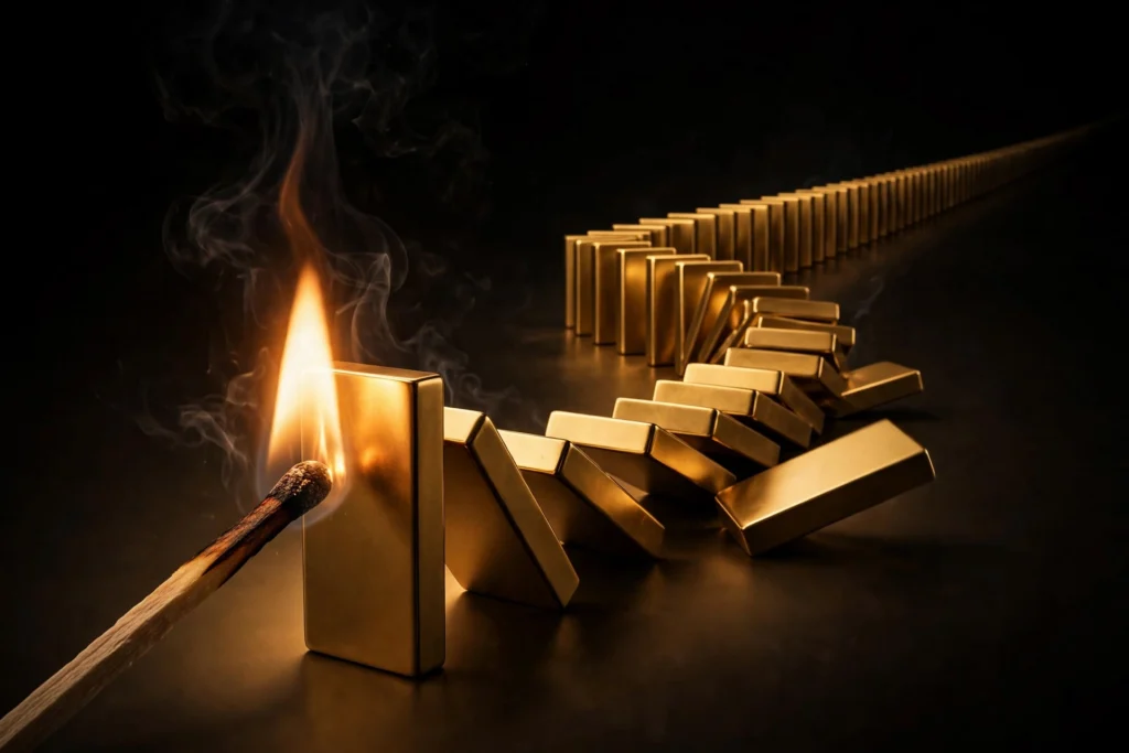 A single lit match igniting a long chain of golden dominoes stretching to the horizon in total darkness, symbolizing the chain-reaction power of leverage