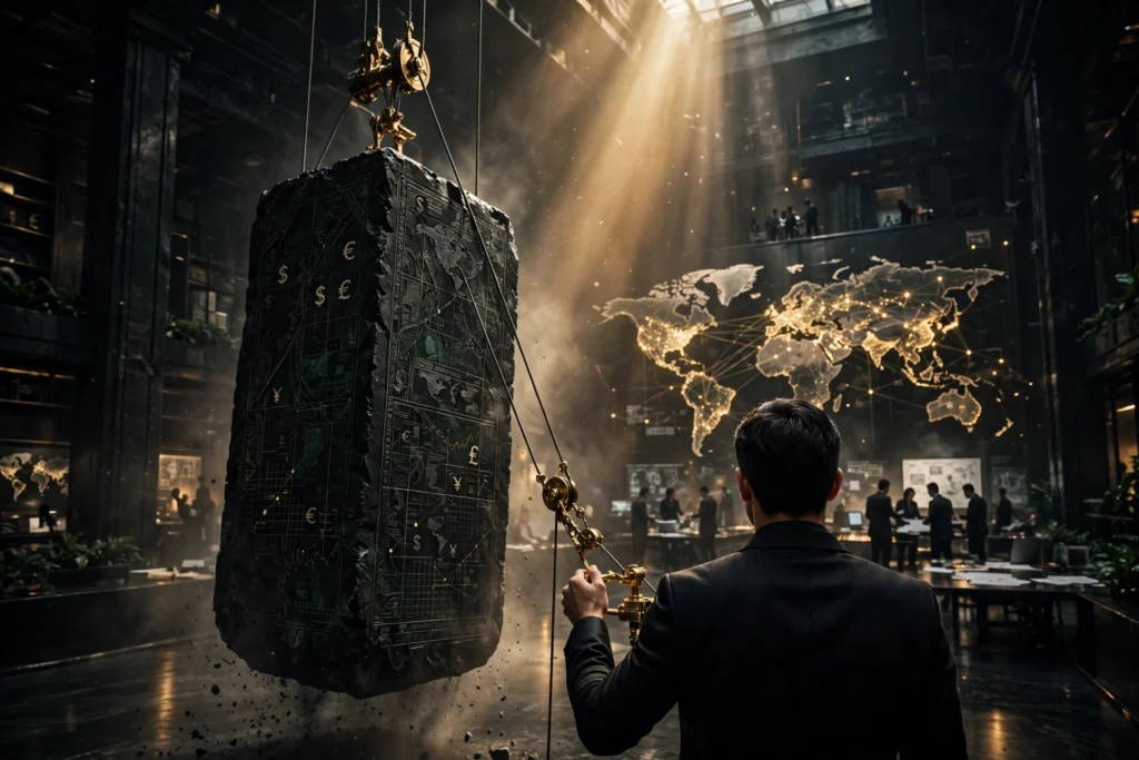 The entrepreneur from behind pulling a small golden lever that lifts a massive black stone monolith, a coordinated team working in golden light behind him, symbolizing leverage.