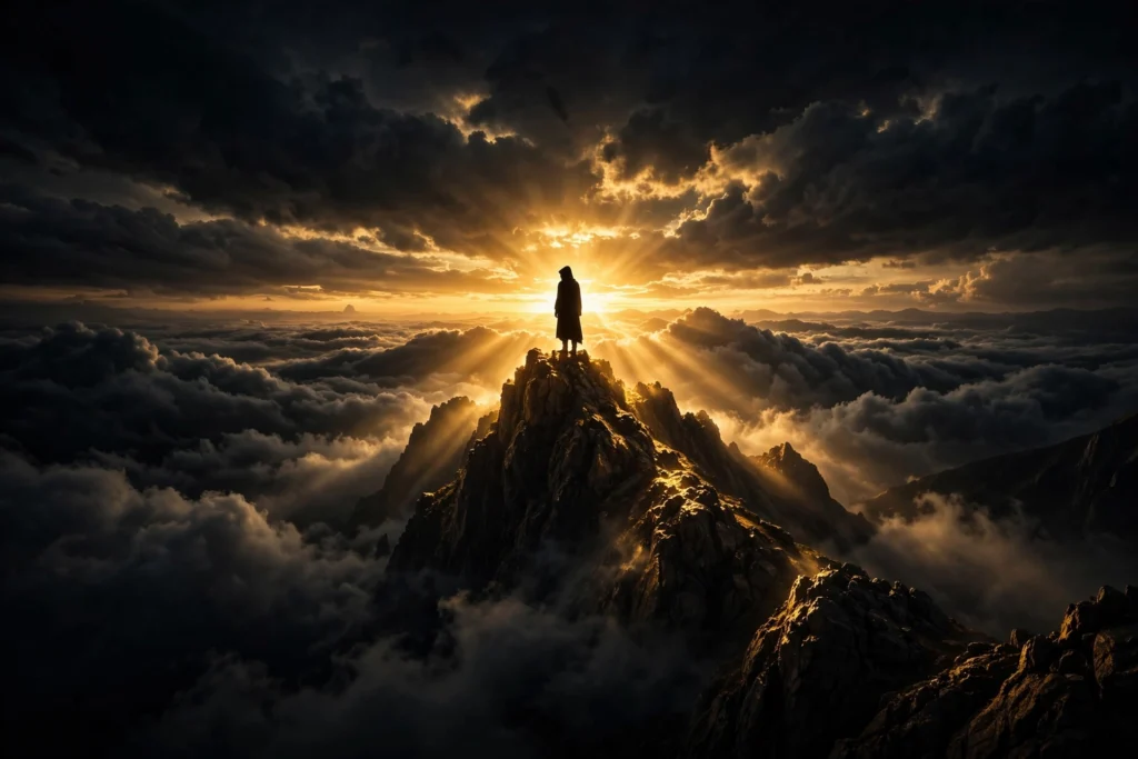 A silhouetted figure standing tall on a golden mountaintop above dark clouds at sunrise, symbolizing the quiet confidence of pricing power
