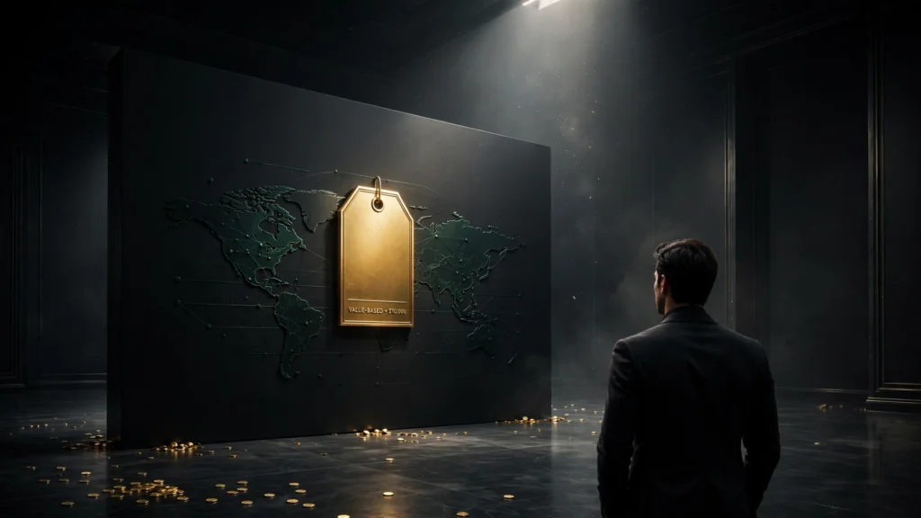 The entrepreneur from behind before a monumental black gallery wall where a single glowing golden price tag hangs like priceless art, symbolizing the confidence to charge premium prices.